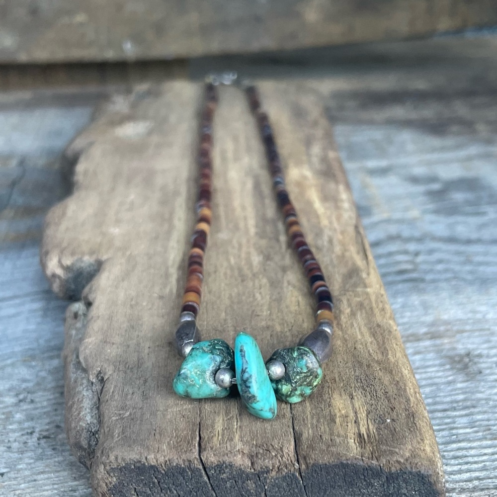 Very Dainty Petite Choker Necklace Sterling, Turquoise Nuggets & Shell Beads
